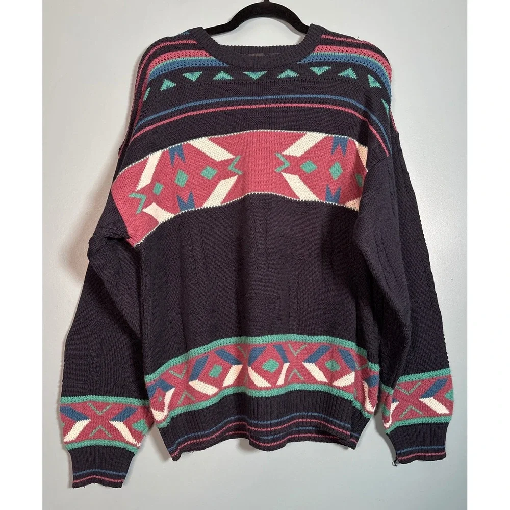 Vintage Jed‎ Wear Men's Geometric Pattern Sweater XL Blue Pink Teal